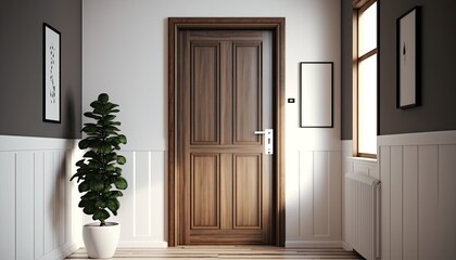 Modern entrance, simple wooden front door for a luxury house 