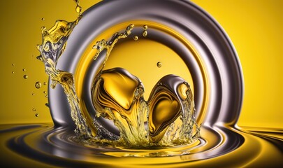 Wall Mural -  a yellow and silver object with water splashing out of the top of it, with a yellow background and a yellow circle with water droplets.  generative ai