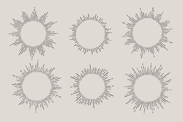 Aufkleber - Sunburst ray vintage frame element set. Star burst ray hand drawn shine, hipster badge, logotype circle decoration frame. Vector illustration.