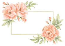 Watercolor Frame With Rose Flowers And Golden Line. Hand Drawn Floral Template For Greeting Cards Or Wedding Invitations In Beige And Pink Colors. Rectangular Vintage Border On Isolated Background