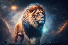 Lion Zodiac Sign Against Space Nebula Background. Astrology Calendar. Esoteric Horoscope And Fortune Telling Concept. Generative AI.