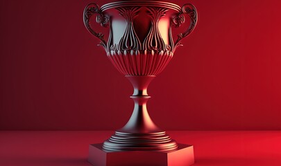 Wall Mural -  a red and black trophy sitting on top of a red table next to a red wall with a red light in the corner of the room.  generative ai