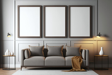 three identical picture frame, simple wooden frame, light gray sofa, Generative IA