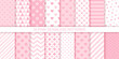 Scrapbook background. Seamless pink pattern. Set baby shower packing paper. Baby girl textures with polka dot, stripes, hearts and zigzag. Cute pastel print for scrap design. Color vector illustration