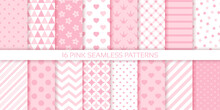 Scrapbook Background. Seamless Pink Pattern. Set Baby Shower Packing Paper. Baby Girl Textures With Polka Dot, Stripes, Hearts And Zigzag. Cute Pastel Print For Scrap Design. Color Vector Illustration