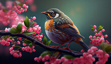 The Bird Standing On Cherry Blossom Branch. Generative AI