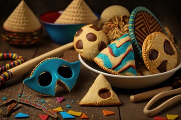 Happy Purim carnival decoration concept with traditional Hammentashen baked. AI generation