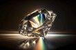 Close-up on single diamond with rays of rainbow colored light reflecting out of the prism facets. Shot on dark background, gem has crystal clear and clarity. Luxury beauty concept. Generative AI 