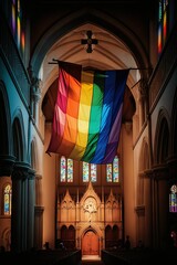 Wall Mural - LGBT rainbow flag inside the church. Religion and Diversity. Concept of same-sex marriages. 