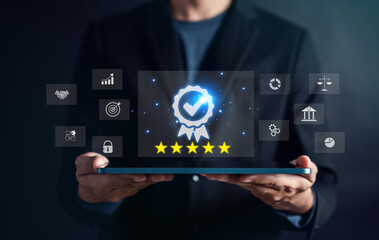 Aufkleber - Businessman with sign of the top service Quality assurance, leading services ISO Certification, quality, guarantee, Standards, ISO, standardization. QA and Quality Control or QC and improvement.