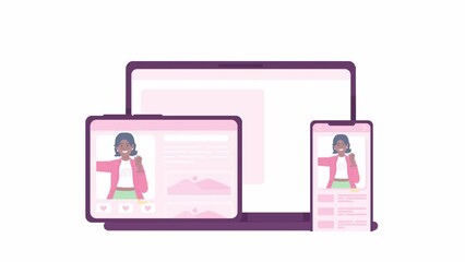 Fototapete - Animated cross-platform software. Using social media app on different gadgets. Flat devices screens animation on white background with alpha channel transparency. Color cartoon style 4K video footage