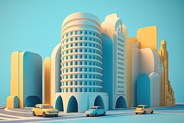 Sustanible skyscraper with highway and cars, city background. Generative AI