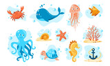 Fototapeta  - Ocean life. Marine set with sea creatures for girls and boys, drawings for children's day and birthday
