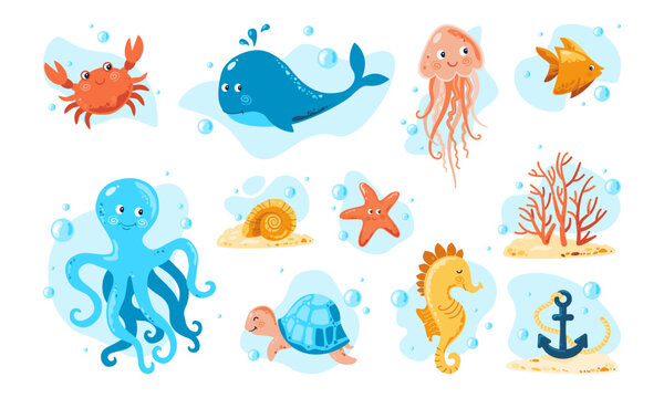 ocean life. marine set with sea creatures for girls and boys, drawings for children's day and birthd