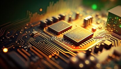 Close up of an electrical circuit board with a CPU, a microchip, and other electronic components in the background. Generative AI