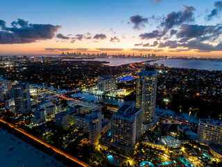 Wall Mural - Beautiful Miami sunset. Aerial night drone photography