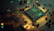 © Roman King - Close up of an electrical circuit board with a CPU, a microchip, and other electronic components in the background. Generative AI
