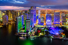 Miami Downtown And Bayside Celebrating Ultra Music Festival,Neon Lights.Aerial View,Miami,South Florida,Dade,Florida,USA