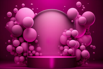 Podium for product presentation with floating balls in viva magenta color background. Empty space for goods. Generative AI