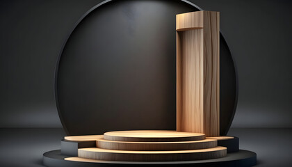 Empty wood podium product display isolated, luxury showcase concept, generative ai
