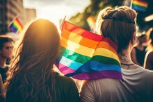 Two Women At The LGBT Parade With A Rainbow Flag. View From The Back. AI Generated