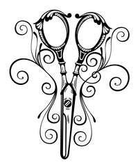 Wall Mural - Hand drawn illustration of vintage scissors. Vector line drawing isolated on white background.