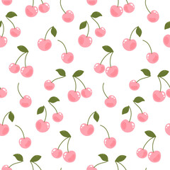 Cute vector seamless pattern with cherry and leaves on white background