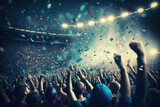 Stadium filled with enthusiastic fans cheering on their favorite team during a sports game with confetti raining down, generative ai