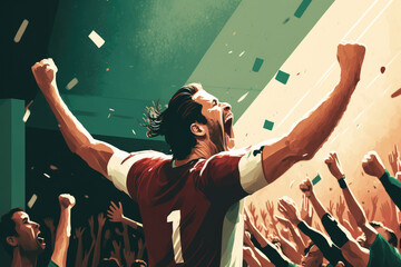 Wall Mural - soccer player celebrating a goal in front of a loud crowd, generative ai