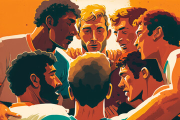 Soccer Dream Team Illustration of a group of young soccer players in a huddle, discussing strategy, generative ai