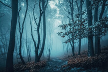 A Mystical Forest With Barren Trees And Blue Fog. Autumn Winter. Generative AI