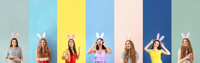 Poster - Set of beautiful young women with bunny ears and Easter eggs on colorful background