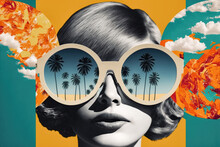 Fashion Woman Wearing Big Sunglasses. Creative 60s Retro Background. Generative AI