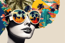 Young Beautiful Woman Wearing Big Sunglasses. Creative 60s Retro Background. Generative AI