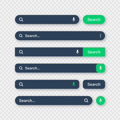 Fototapete - Various search bar templates, dark mode. Internet browser engine with search box, address bar and text field. UI design, website interface element with web icons and push button. Vector illustration