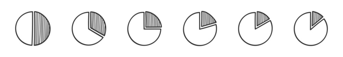 Set of doodle donut or pie charts. Hand drawn circle graphs with separated fragments. Statistics infographic sketch diagrams. Round shapes with hatched slices. Vector graphic illustration