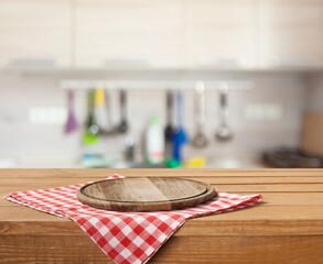 Canvas Print - Blank kitchen Desk with wooden board