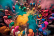 Holi color festival. People celebrating the Holi festival of colors and throwing multicolored powder in the air. Spring Festival. The Hindu festival of colours in India or Nepal. Generative AI.