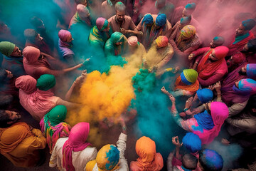 Wall Mural - Holi color festival. People celebrating the Holi festival of colors and throwing multicolored powder in the air. Spring Festival. The Hindu festival of colours in India or Nepal. Generative AI.