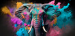 Holi elephant banner. Traditional celebration of Holi Festival in India, with an elephant playfully covered in multicolored powders, symbolizing spirit of joy and unity of the event. Generative AI.