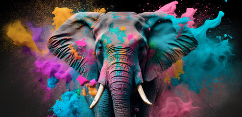 Wall Mural - Holi elephant banner. Traditional celebration of Holi Festival in India, with an elephant playfully covered in multicolored powders, symbolizing spirit of joy and unity of the event. Generative AI.