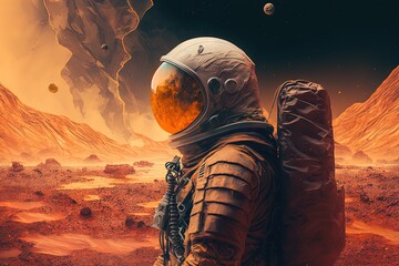 an astronaut in a space suit is alone on the surface of a red planet, generative ai