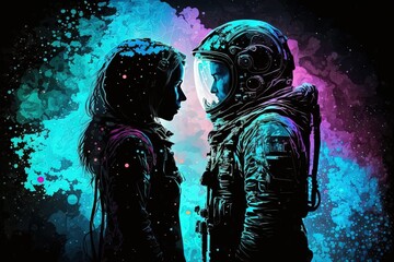 Wall Mural - An astronaut in a space suit and a woman are standing side by side, Generative AI