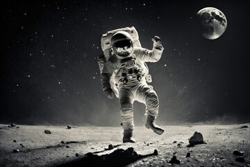Wall Mural - An astronaut wearing a space suit is performing a dance on the moon's surface, Generative AI