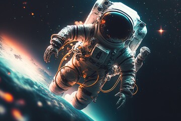 Wall Mural - An astronaut wearing a space suit is soaring through the cosmos with a spacecraft, Generative AI