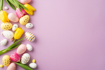 Wall Mural - Easter decorations concept. Top view photo of colorful easter eggs spring flowers yellow and pink tulips on isolated pastel violet background with empty space