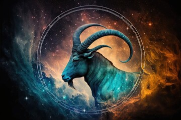 Wall Mural - a capricorn zodiac sign against a backdrop of a space nebula, generative ai