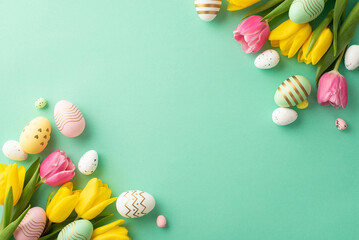 Wall Mural - Easter celebration concept. Top view photo of colorful easter eggs and bunches of yellow and pink tulips on isolated teal background with copyspace