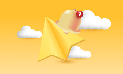 illustration realistic vector icon minimal paper plane bell notification message 3d creative isolated on background.Realistic vector illustration.