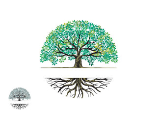 Sticker - oak tree and roots logo templates in circular shape, in the middle provided space for writing or name